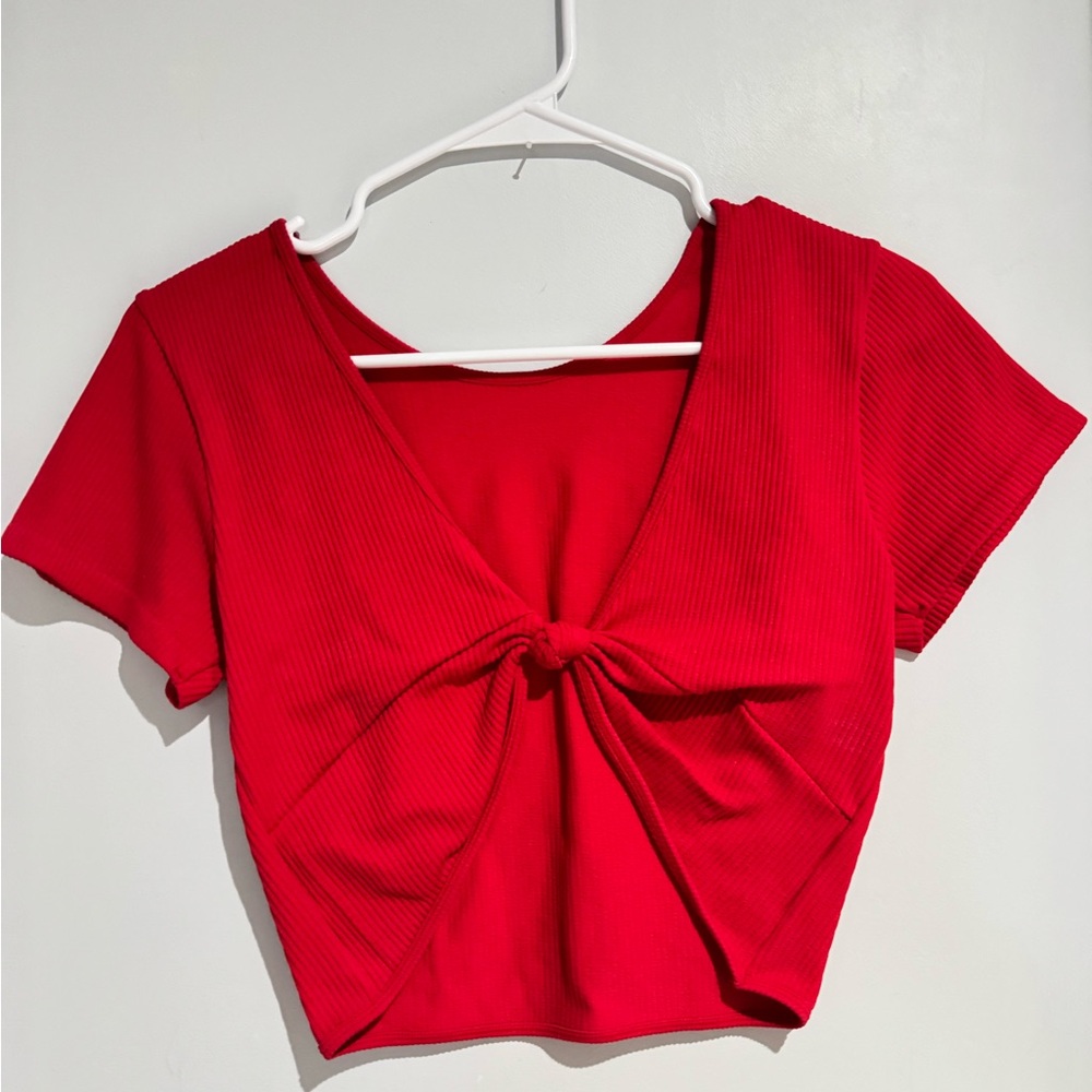Buckle Red Crop Tie Front Blouse Short Sleeve